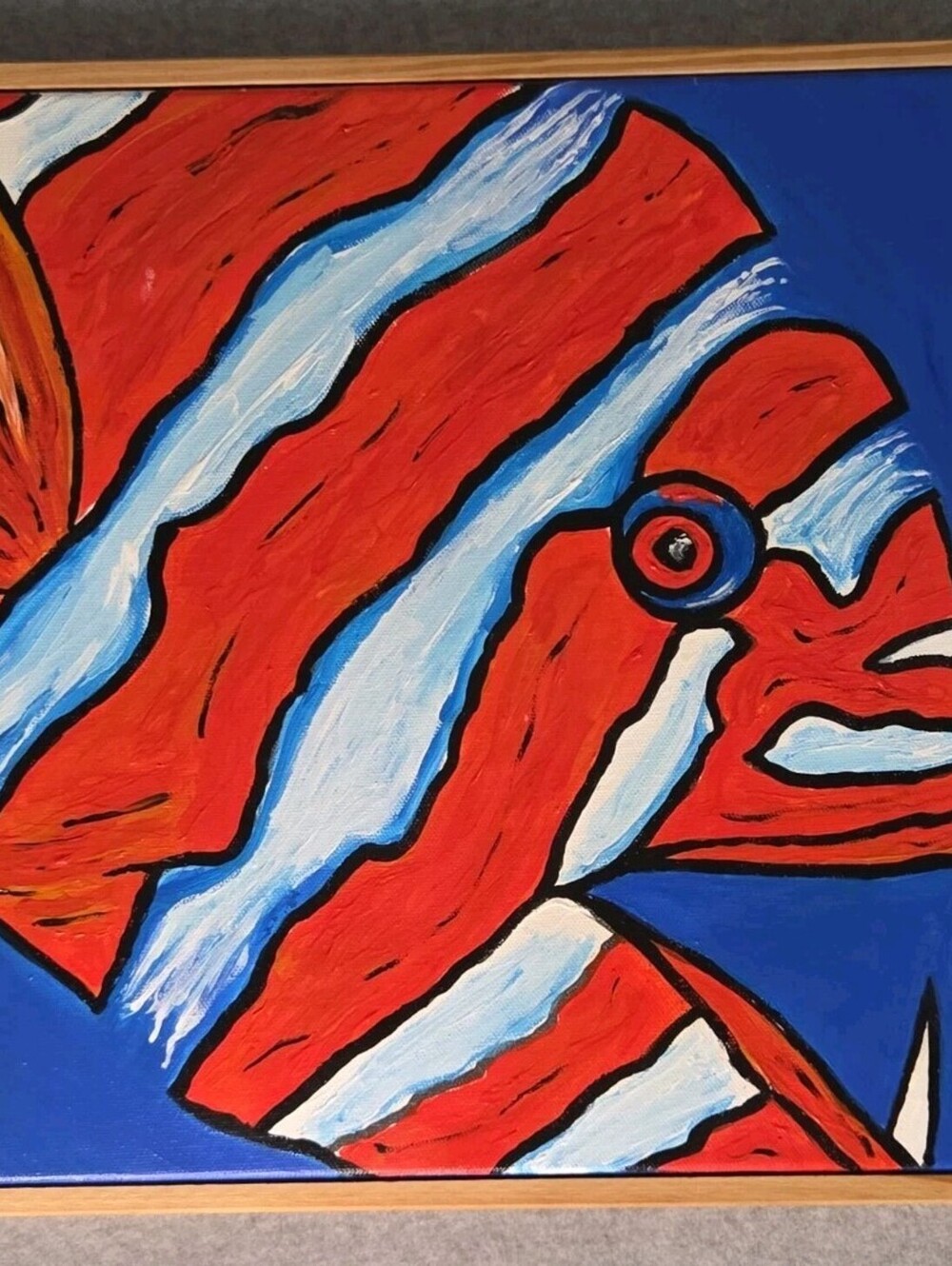 Vibrant Red & White Striped Tropical Fish Original Acrylic Painting Framed...